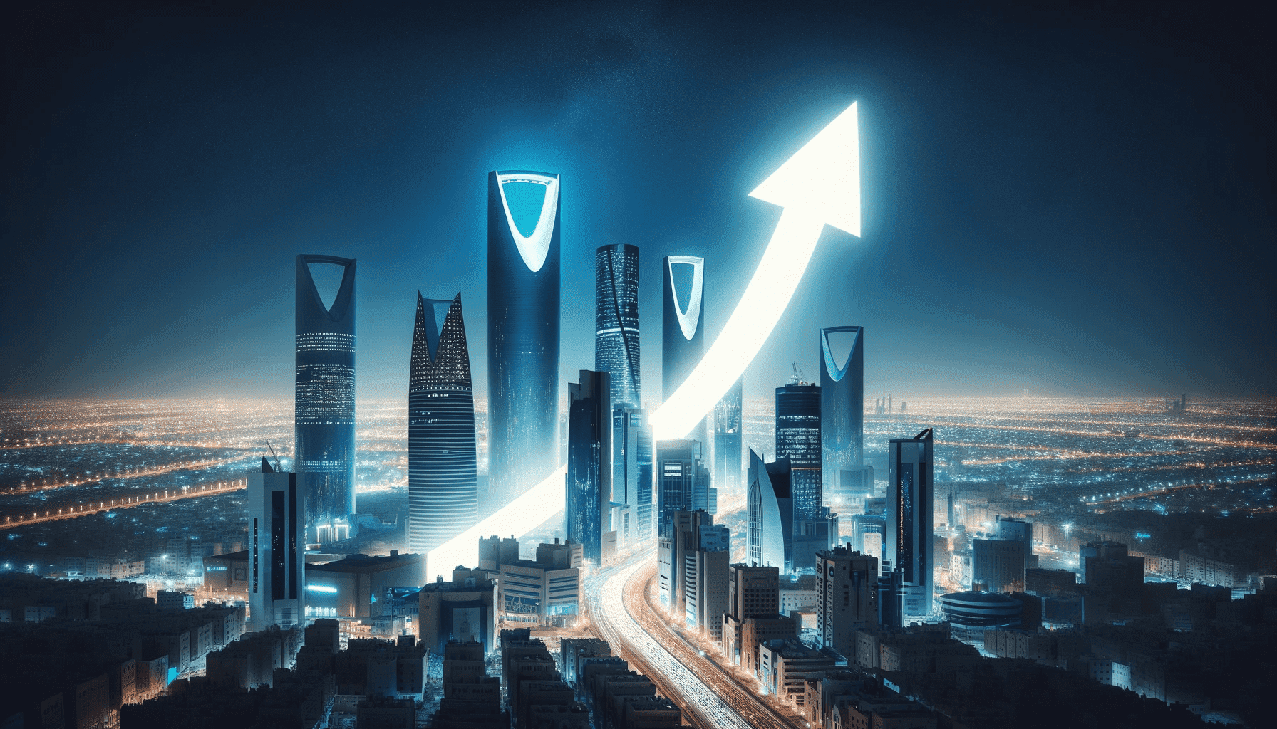 DALL·E 2024 01 17 17.07.16 A glowing white arrow ascending amidst the modern skyscrapers of Riyadh at night in a landscape wide orientation. The scene should capture the esse 1 1