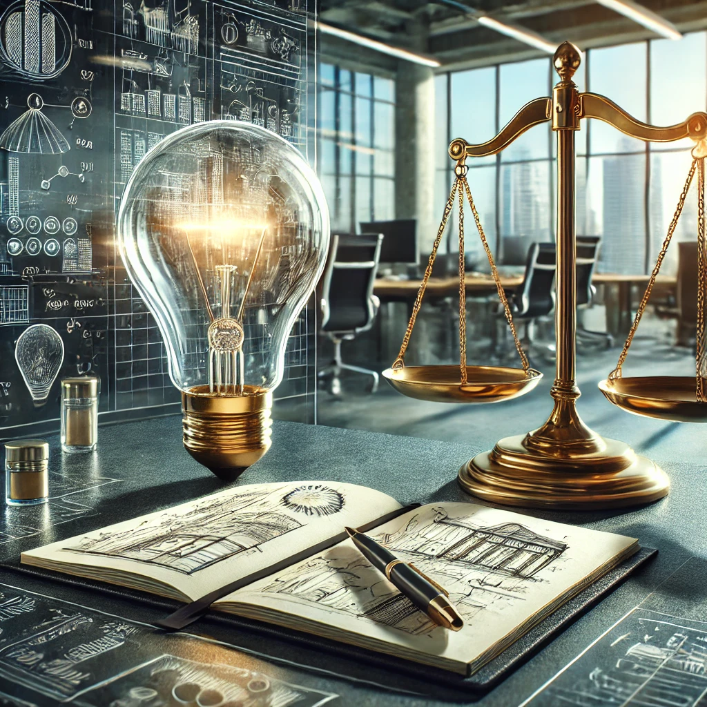 DALL·E 2024 08 13 12.07.16 A detailed image of a patent concept represented by a scene in a modern corporate office. On a sleek office table a classic lightbulb is placed symb