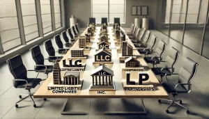 DALL·E 2024 08 14 13.04.28 A modern conference table in a corporate meeting room featuring small models representing different types of companies. Each model is labeled with an